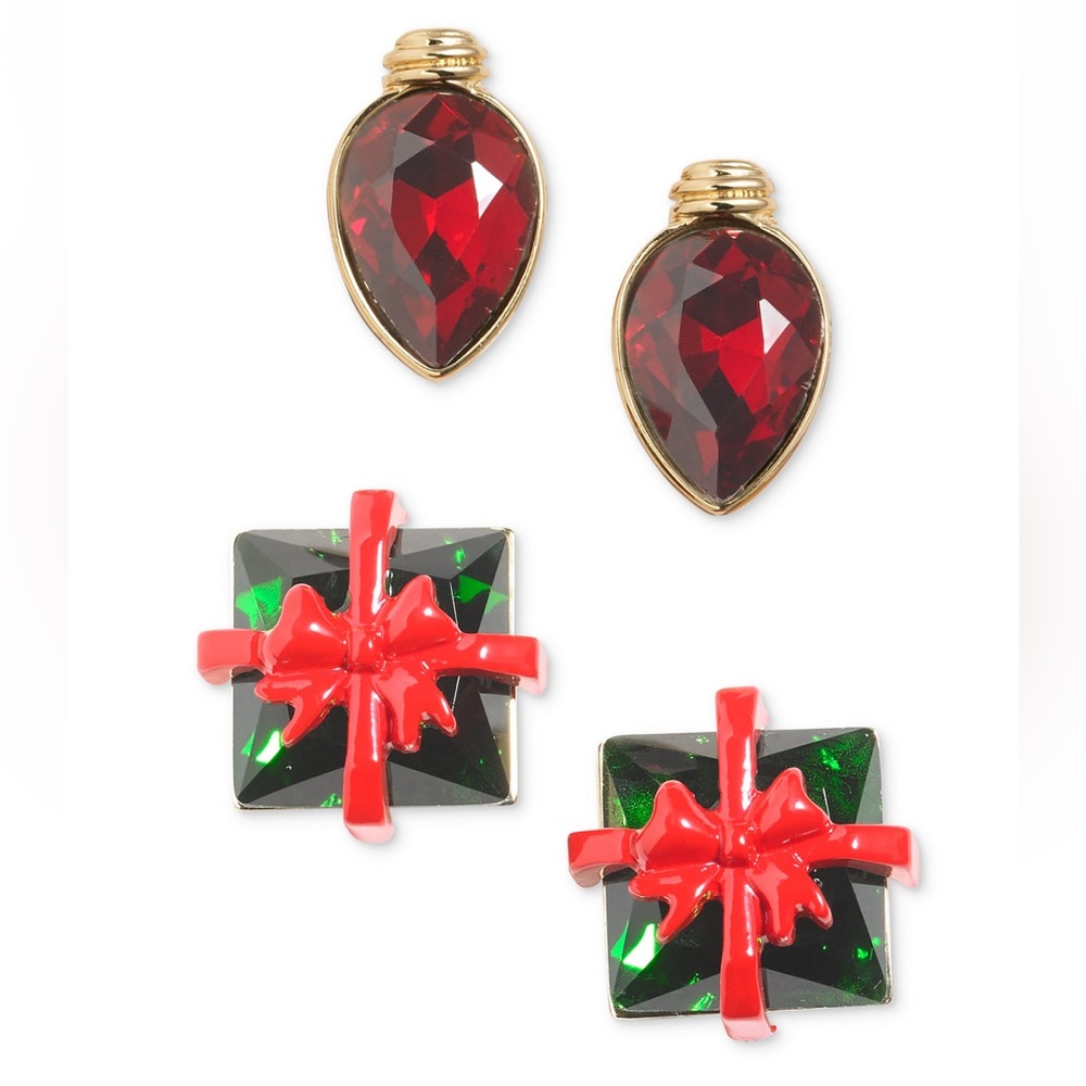 Holiday Gold-Tone 2-Pc. Set Color Crystal Light and Present Stud Earrings